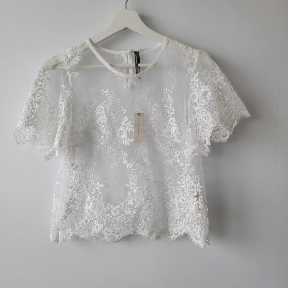 by anthropologie women's short sleeve sheer lace top size s embroidery